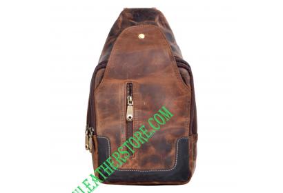 Vintage Crazy Horse Leather Sling Chest Mens Backpack  Messenger Bag